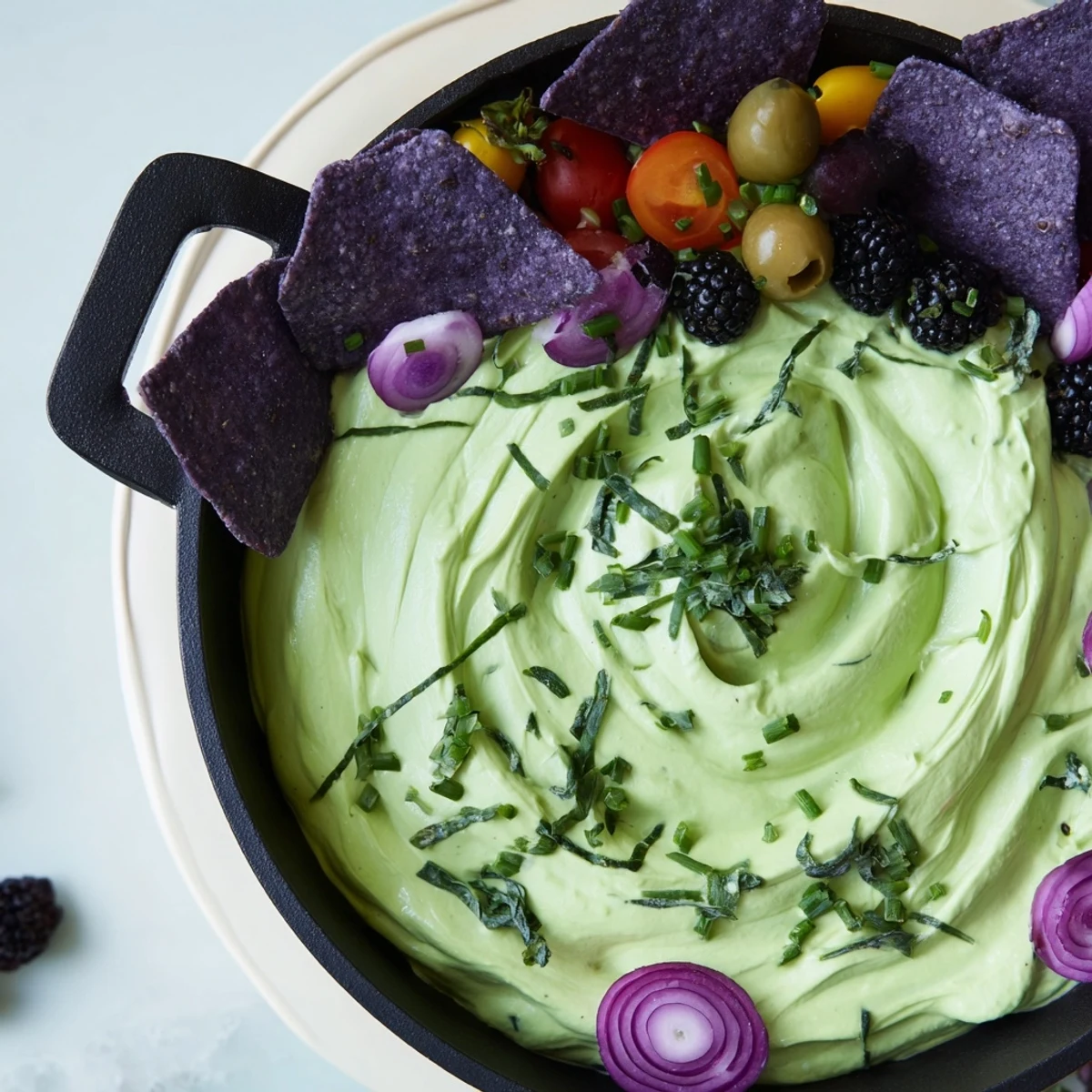 Witch's Brew Cauldron dip, a vibrant green in a black bowl surrounded by smoky grapes and chips.