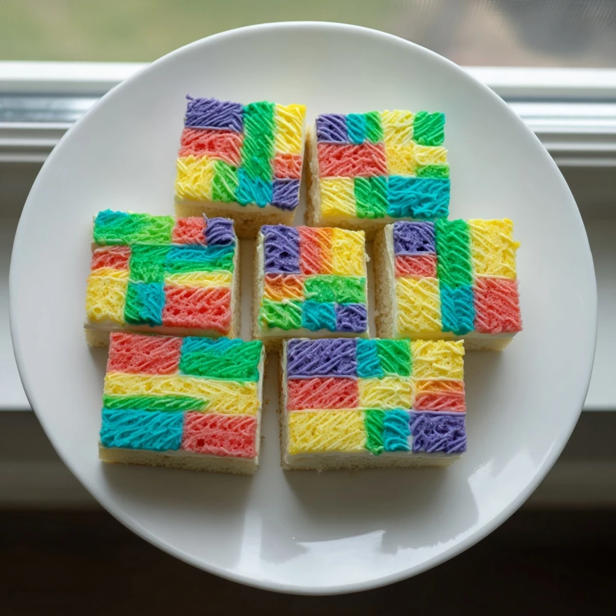 Vibrant squares of colored sponge create the eye-catching patchwork design of this Cozy Quilt Cake.