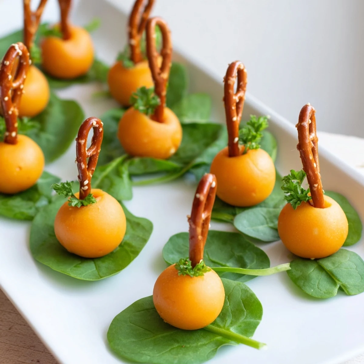 Vibrant photo of The Pumpkin Patch Grid appetizer, festive orange cheese balls arranged as autumn pumpkins.