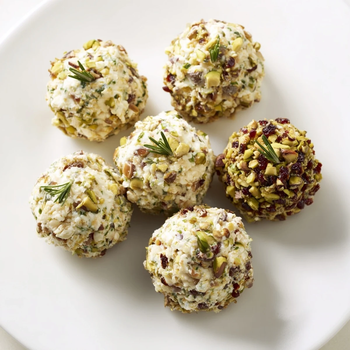 A platter of vibrant Holiday Ornament Clusters, cheese balls coated in nuts, ready for a festive party.