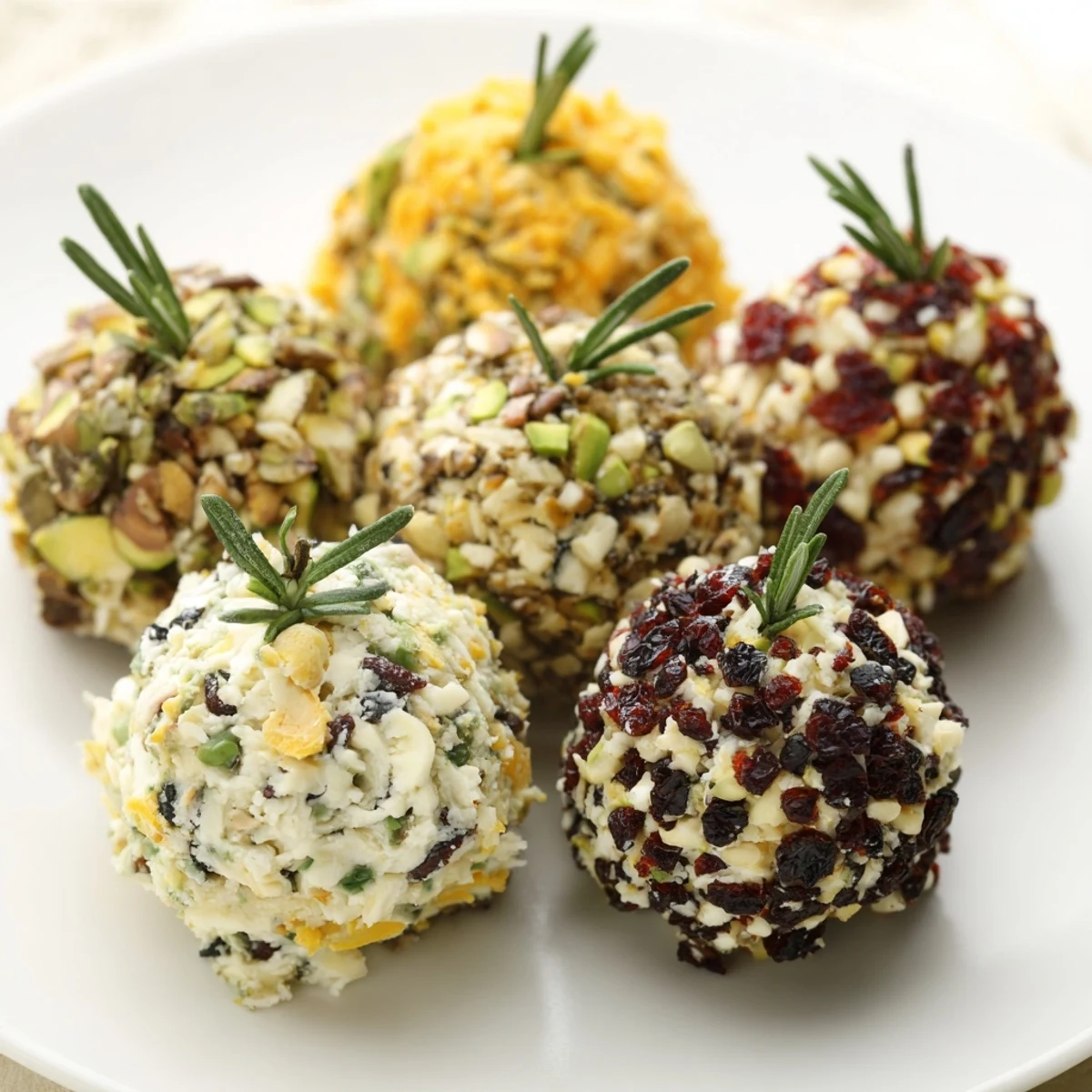 Close-up of delicious Holiday Ornament Clusters appetizer, garnished with rosemary sprigs and varied toppings.