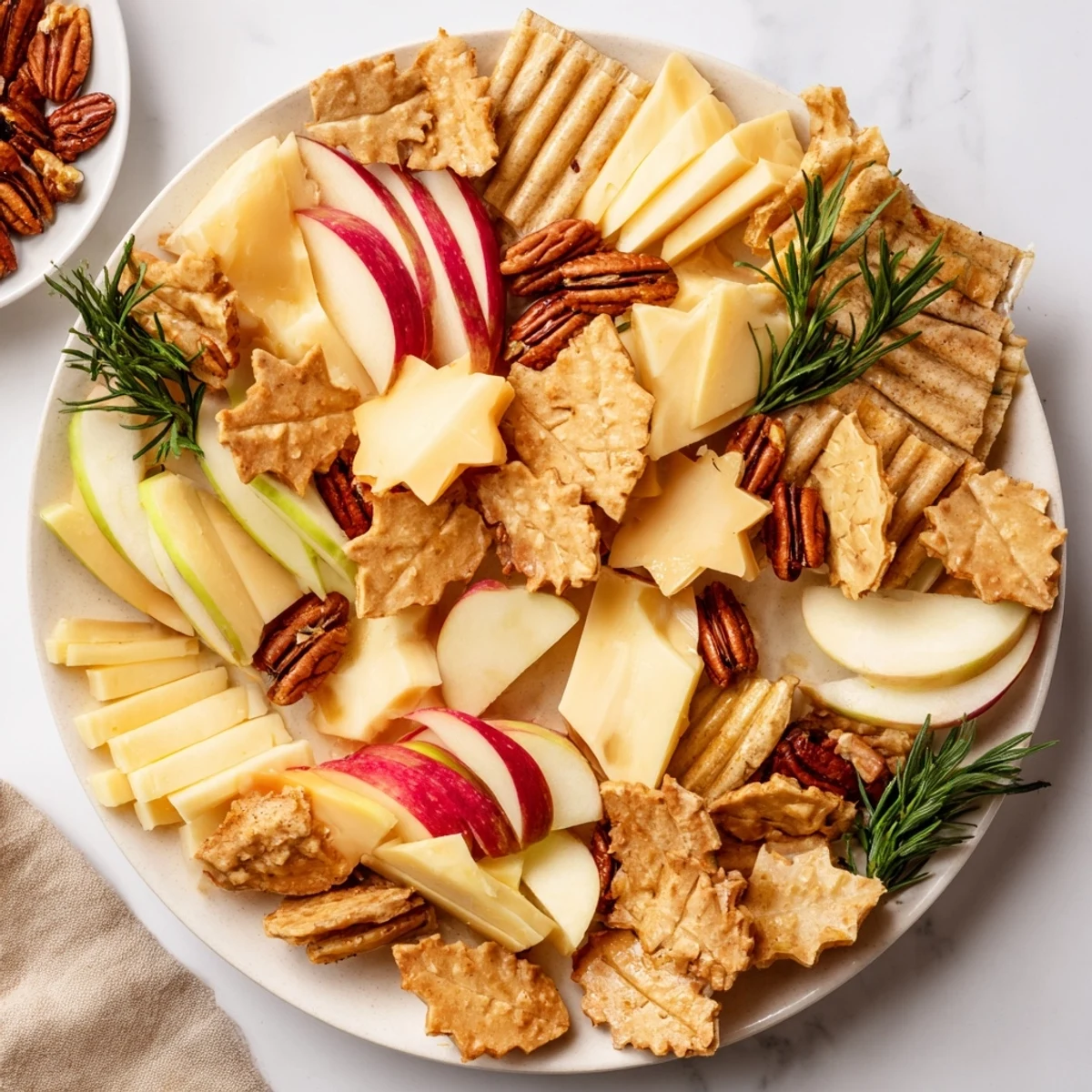 Thanksgiving Leaf Fall appetizer board: a vibrant fall feast of cheese, fruit, and crackers shaped as leaves.