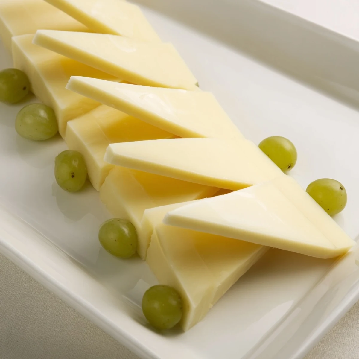 A visually stunning Tannenbaum border cheese board, showcasing triangular cheese "trees" and fresh green grapes.