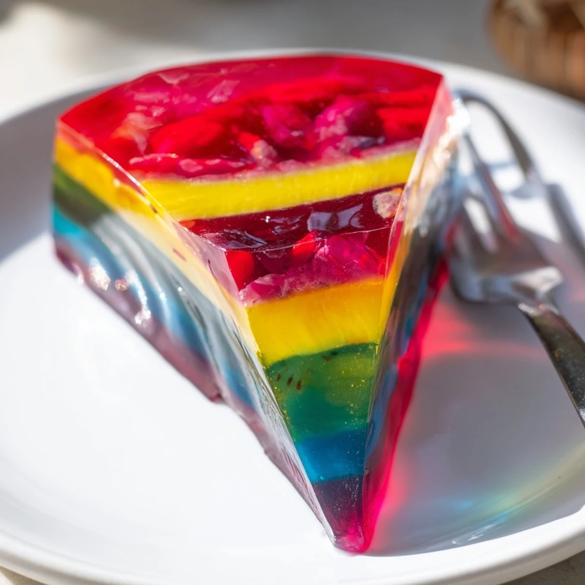 A slice of The Kaleidoscope dessert reveals vibrant colors and beautiful layered textures for serving.