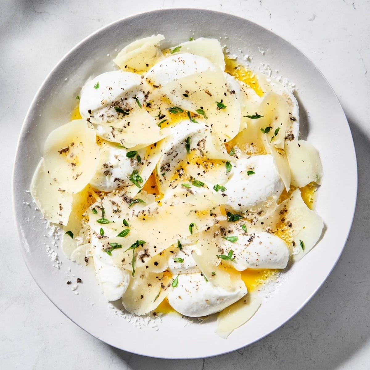 The Silver Birch salad featuring creamy burrata, shaved truffle, and tender white asparagus for serving.