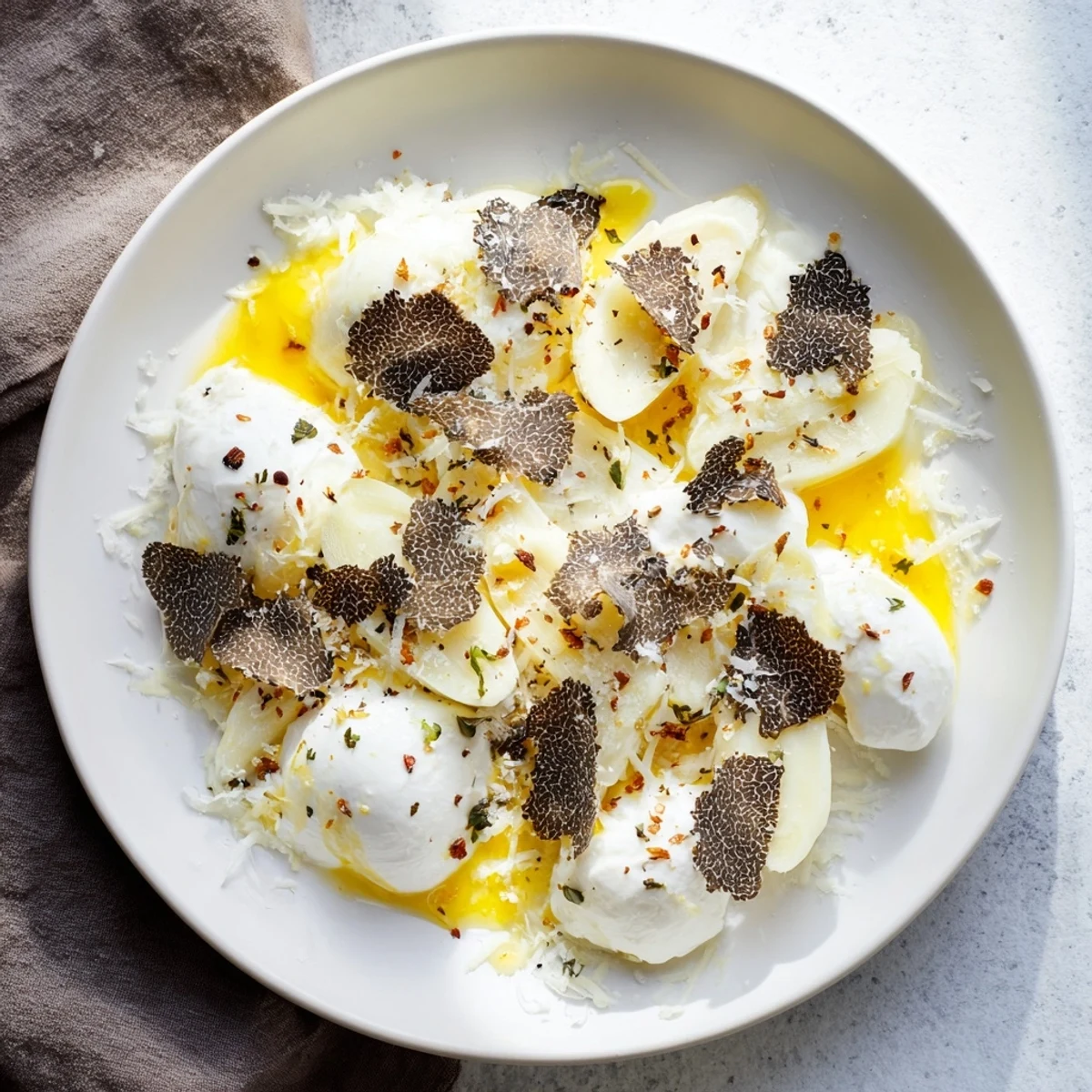 Elegant presentation of The Silver Birch salad, showcasing white asparagus and black truffle, ready to enjoy.