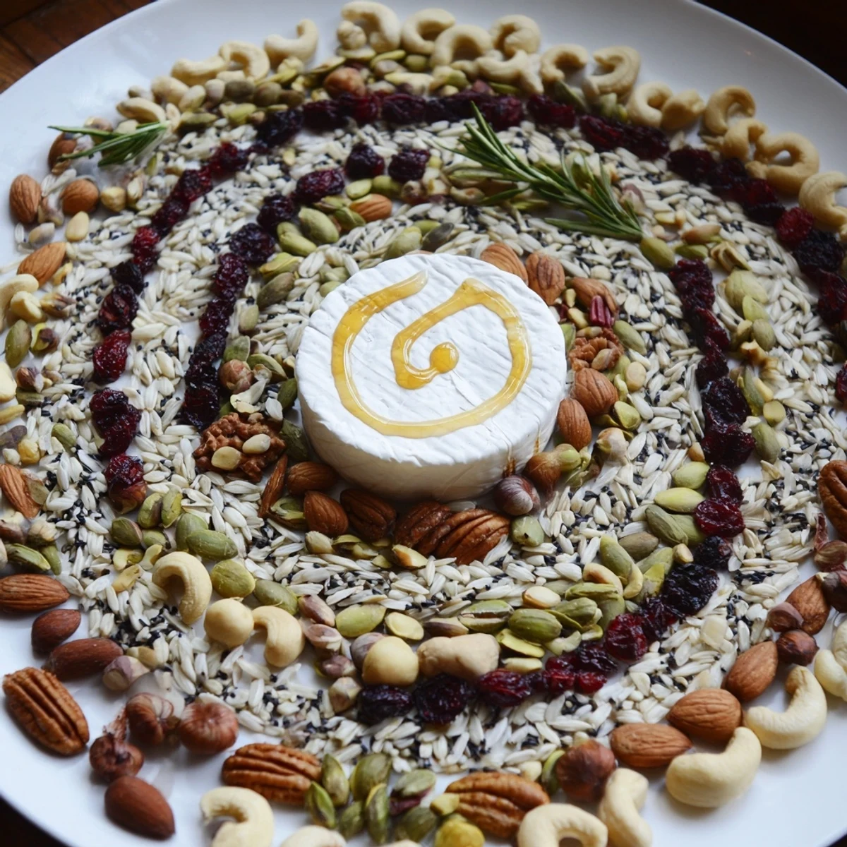 The Labyrinth appetizer features a maze of mixed nuts and seeds leading to creamy, decadent cheese.