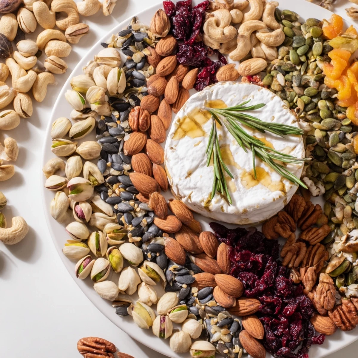 A beautiful grazing board showcasing The Labyrinth, a visually stunning nut and seed appetizer, ready to serve.