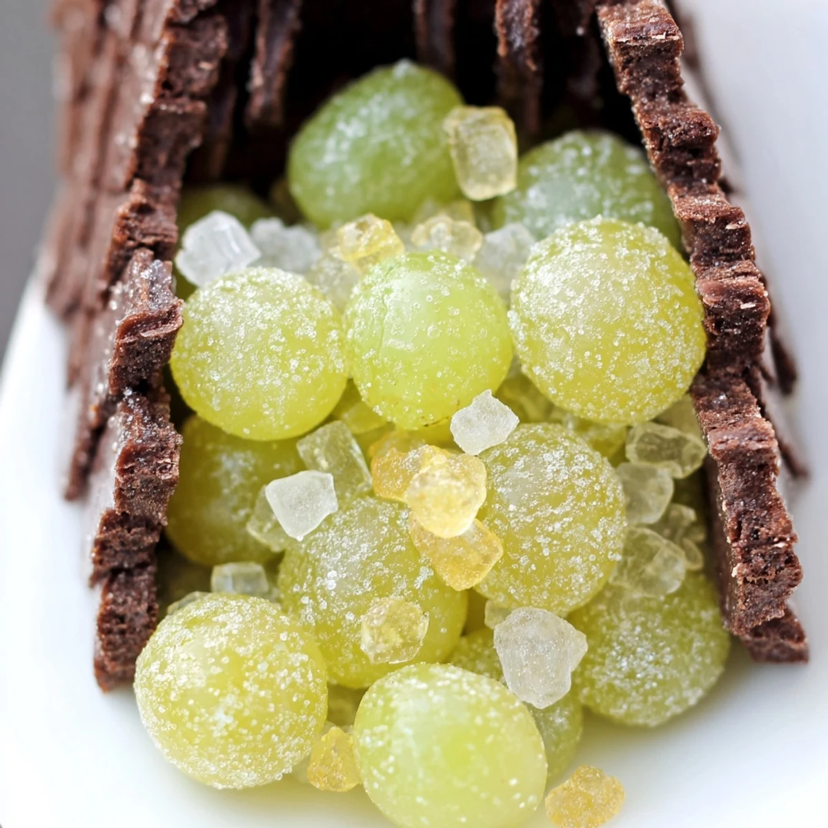 Sparkling sugar-coated grapes and rock candy piled inside a dark chocolate cracker Cave dessert.