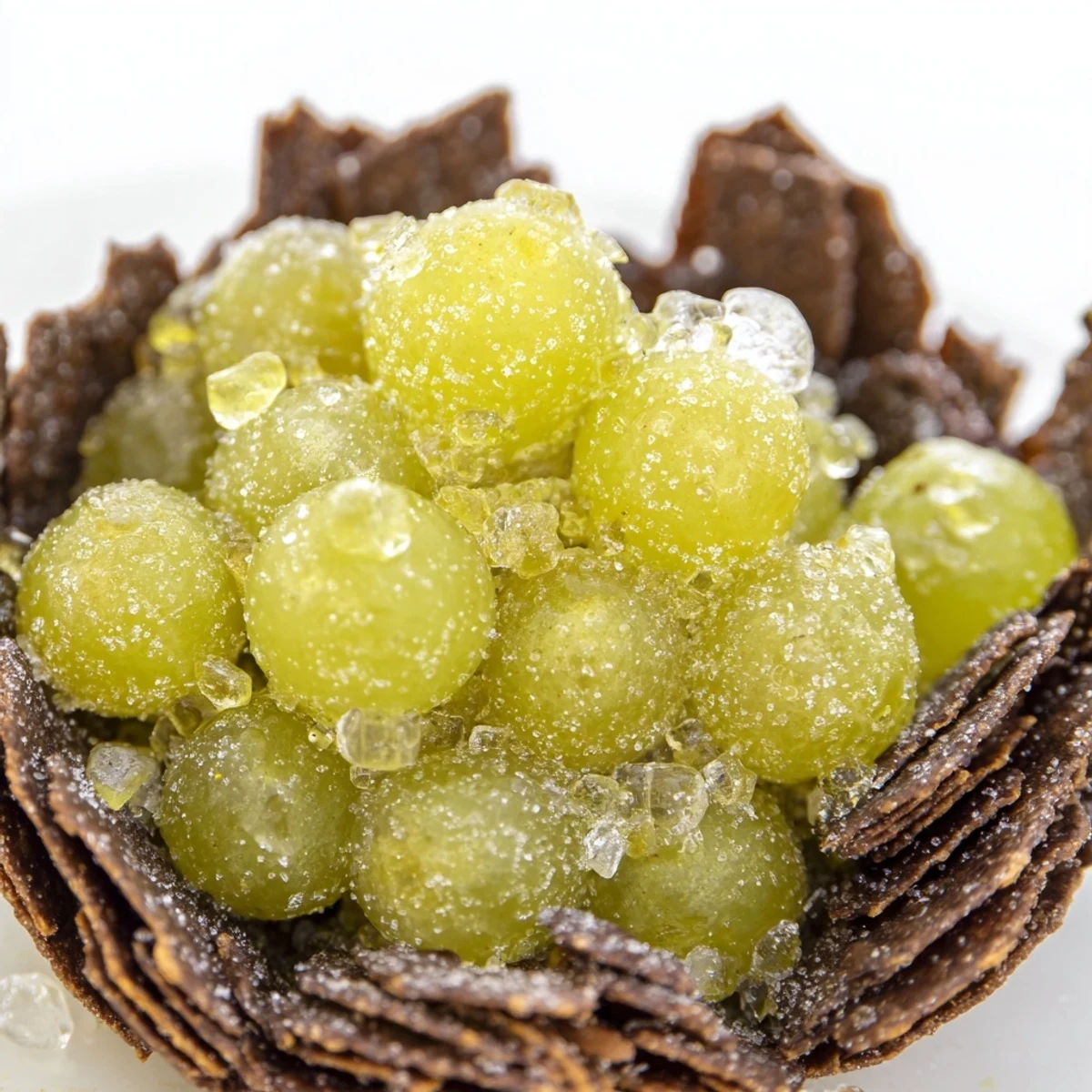 The Crystal Cave: a mysterious dessert of grapes and dark chocolate, promising a treat inside the cave structure.