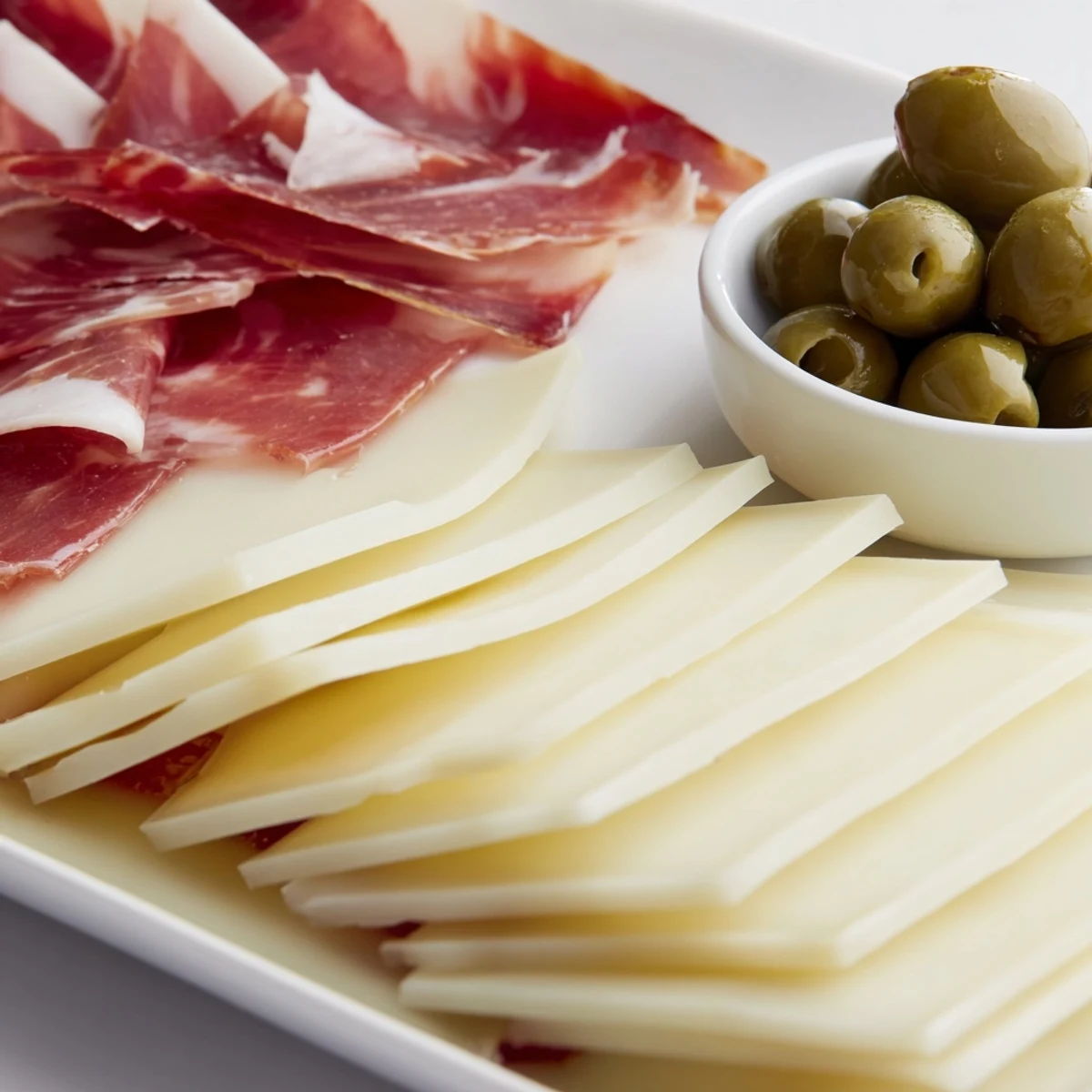 Elegant Minimalism Master cheese board: Enjoy rich Comté, savory jamón, and briny Castelvetrano olives.