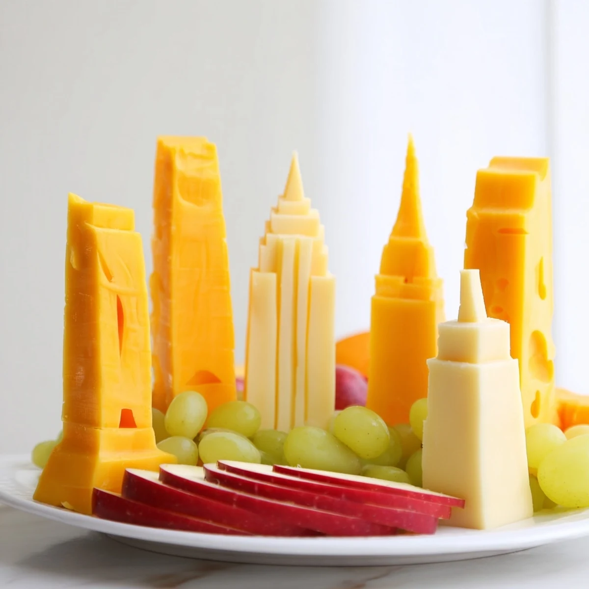 Skyline Silhouette cheese platter: a colorful, edible city skyline of cheese and fruit, perfect appetizer.