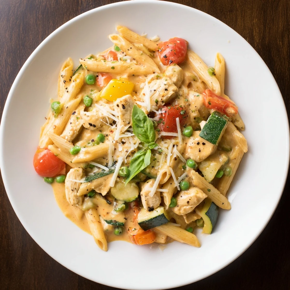 Steaming plate of The Last Bite Chicken Pasta with vibrant vegetables, ready to serve and enjoy.