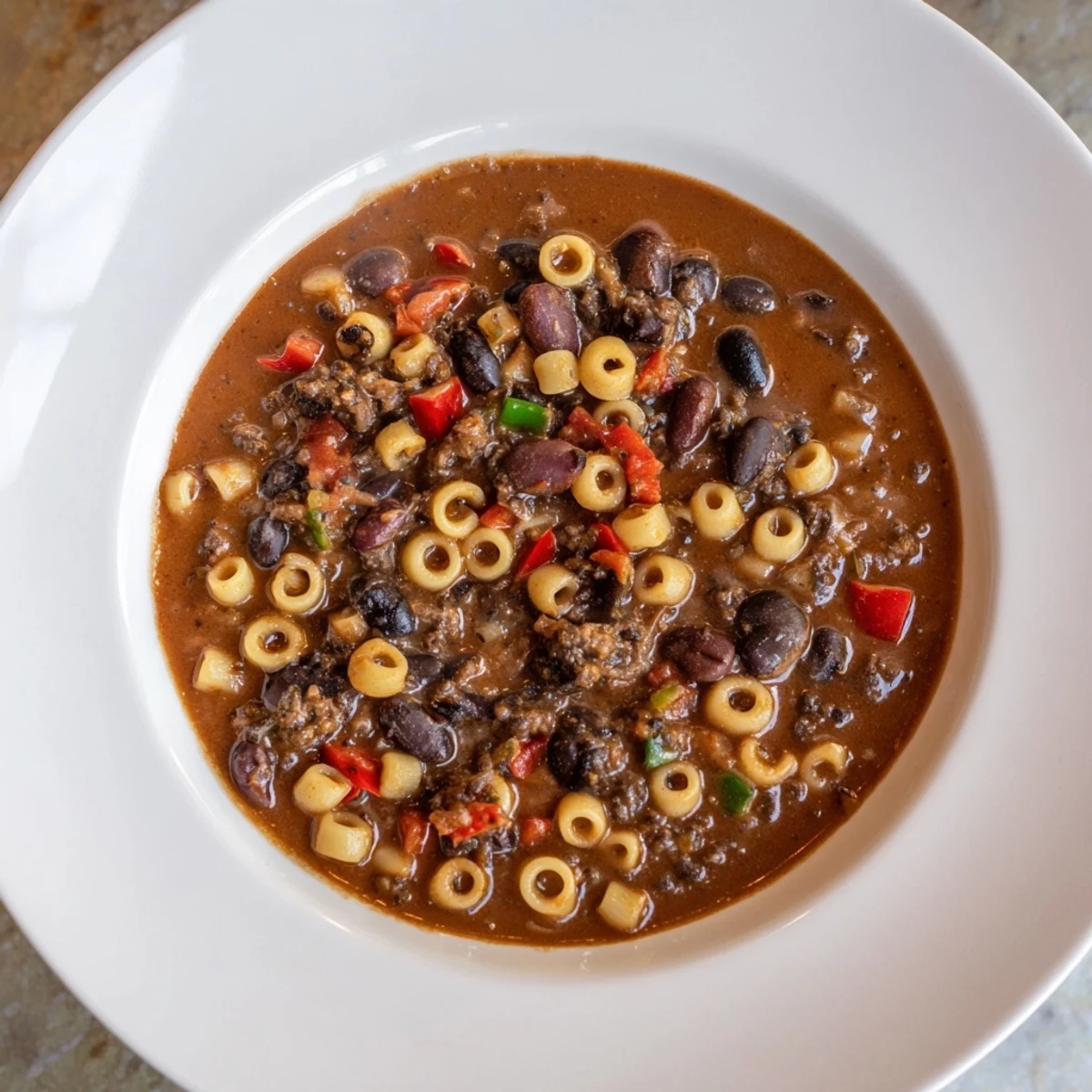 Hearty one-pot Ditalini with Hot Cocoa Chili, smelling of spices and rich chocolate, ready to be served.