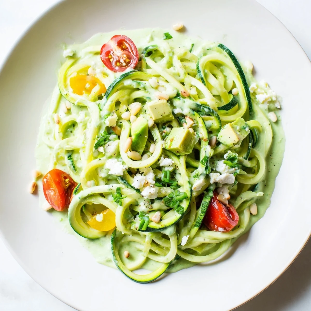 Freshly tossed Green Goddess Zoodle Pasta, featuring zucchini noodles and a herb-infused sauce, ready to serve.