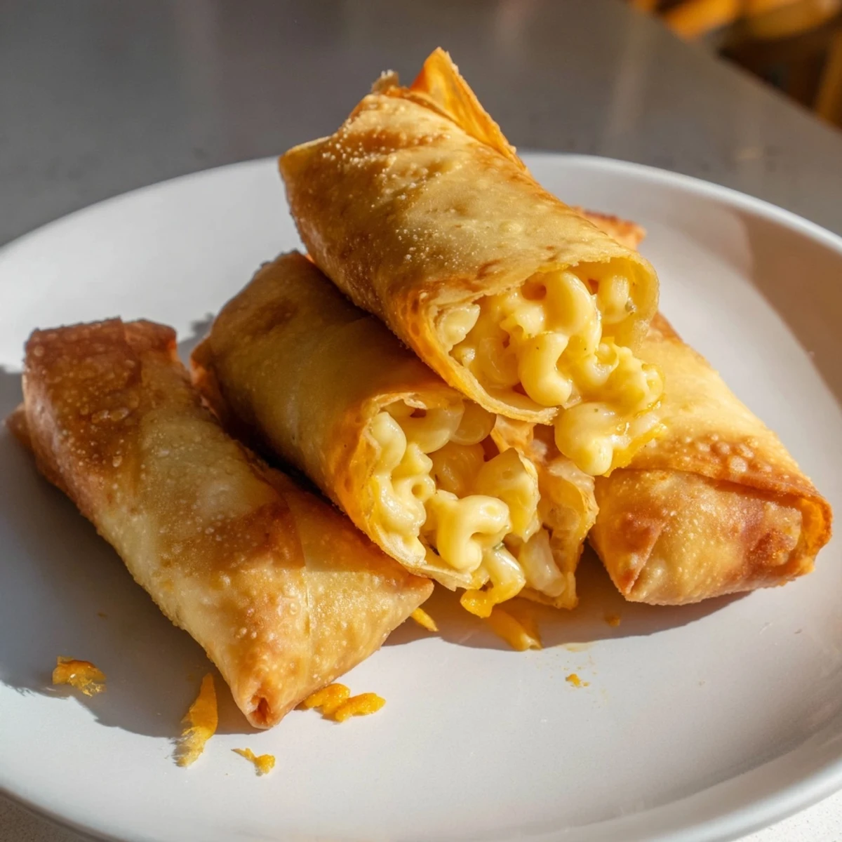 A close-up of air-fried Tinis Mac and Cheese Lumpia Rolls, showing the satisfyingly crunchy exterior.