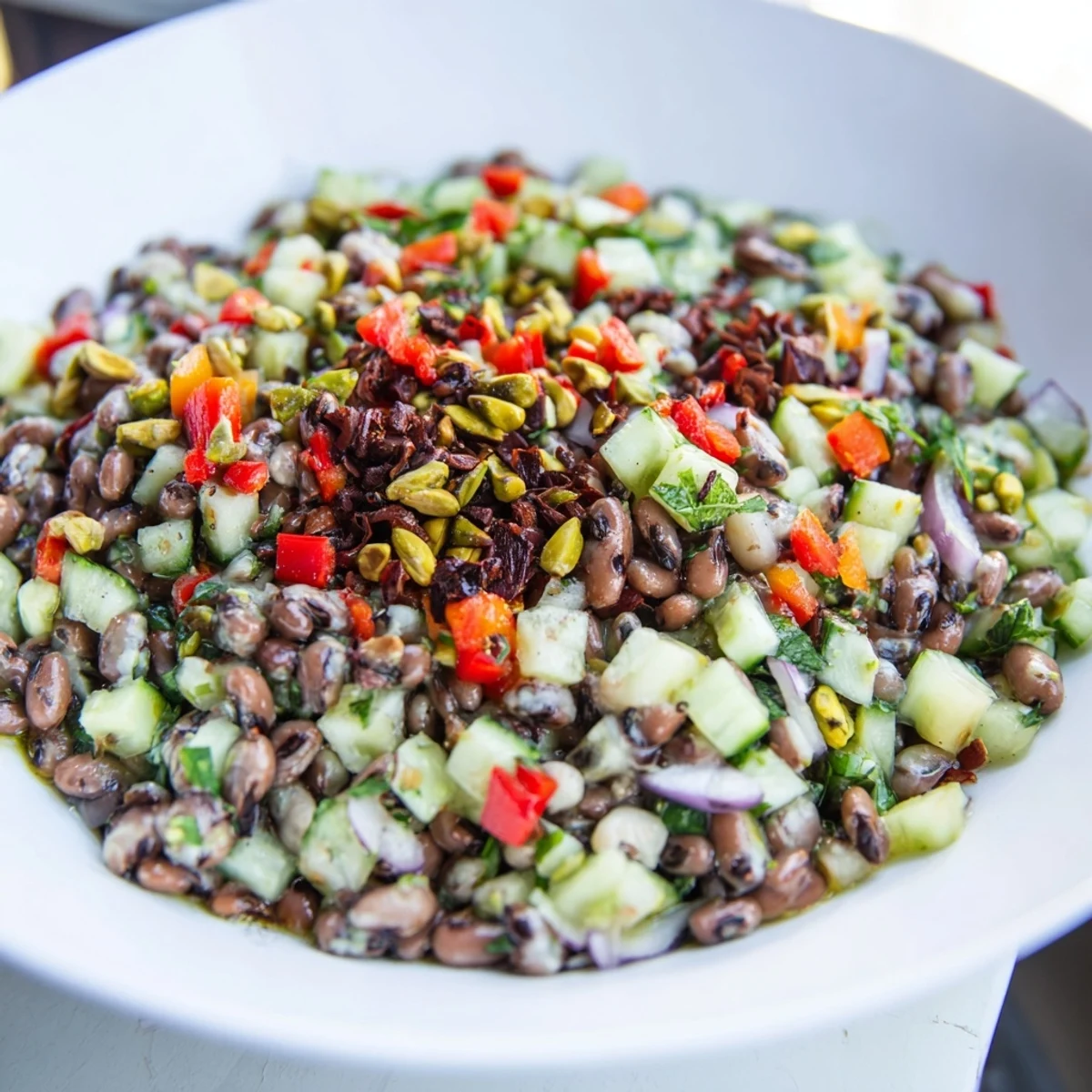 Vibrant Dense Bean Salad with Dubai Chocolate Notes artfully arranged, glistening with oil and herbs.
