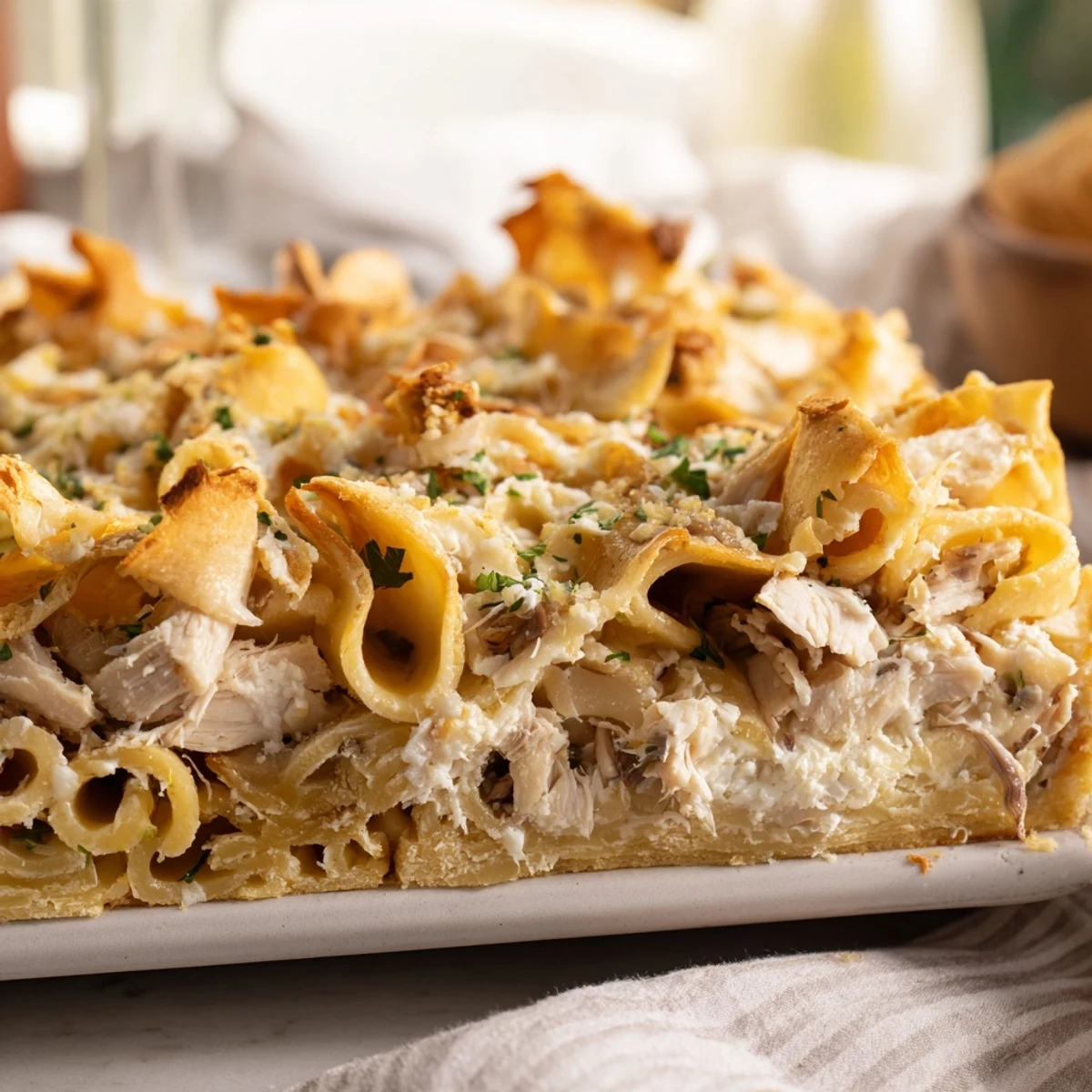 A golden Chicken and Pasta Crinkle Cake, showcasing a crispy phyllo crust and savory filling.