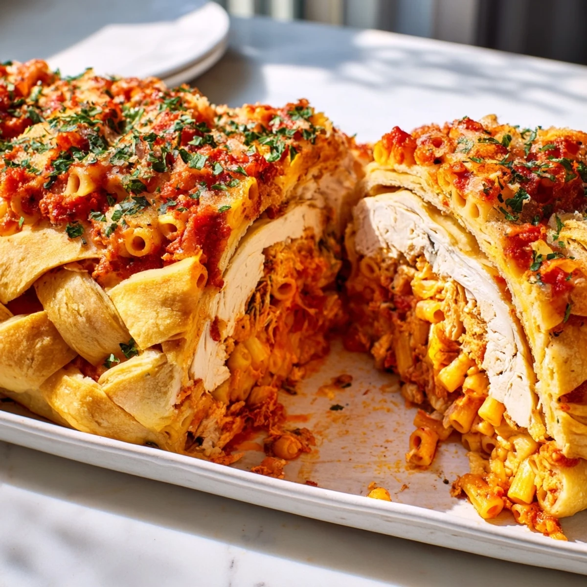 This baked Chicken and Pasta Crinkle Cake offers delicious textures, perfect for a comforting family meal.