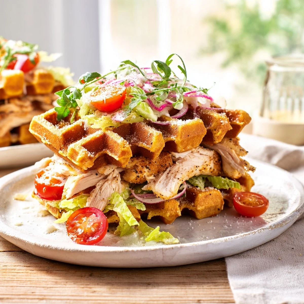 Golden-brown Chicken Caesar Waffle Sandwich, a fun lunch idea with crispy waffles and grilled chicken.