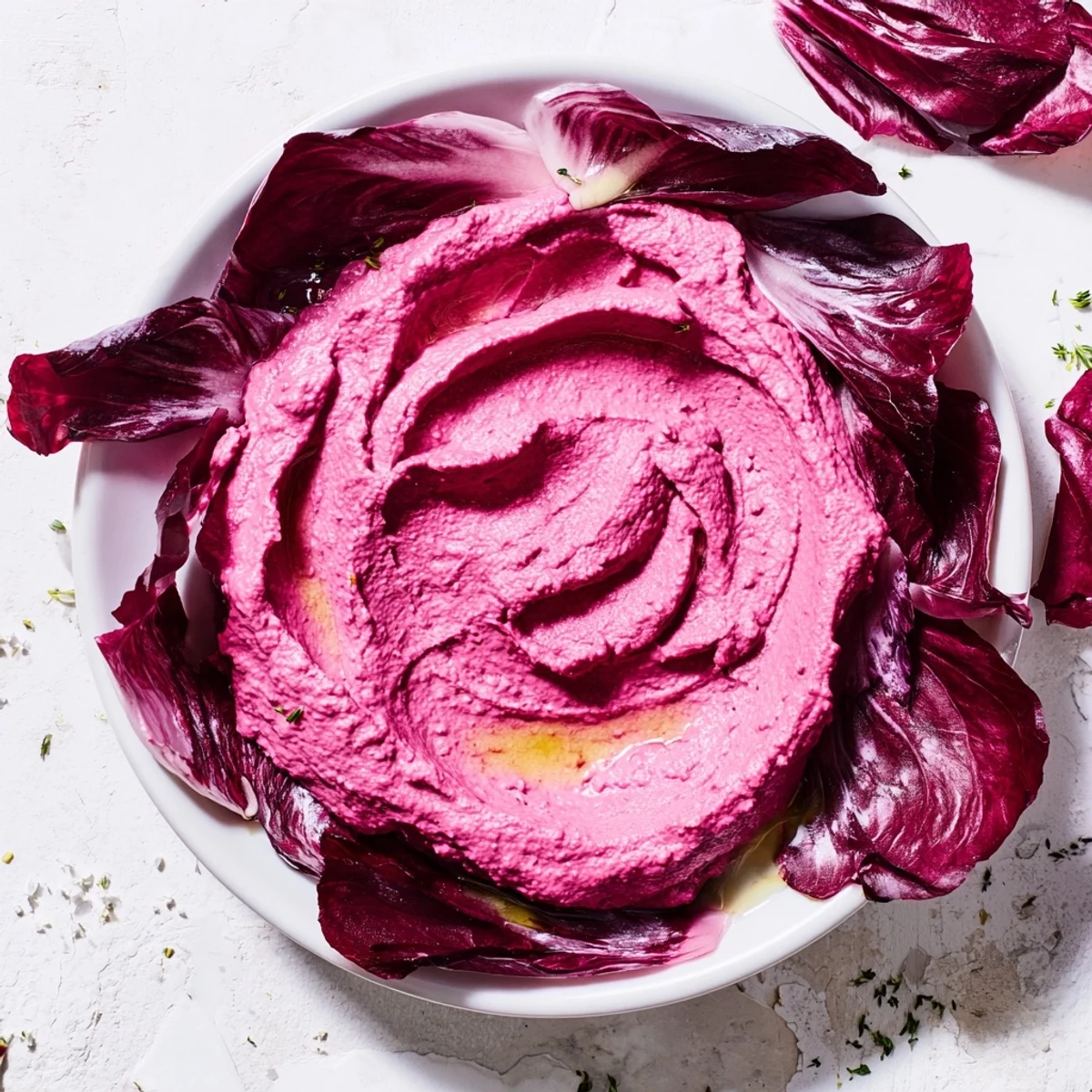 Creamy beet hummus The Velvet Rose appetizer, served with crisp radicchio and flaky sea salt.