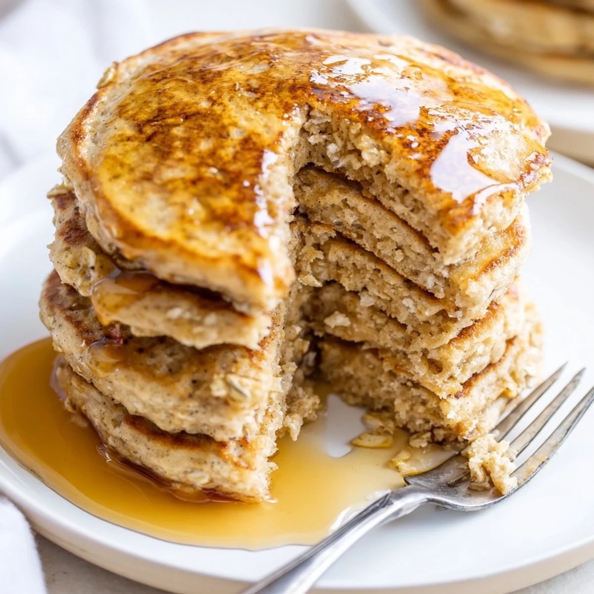 Warm, fluffy banana oat pancakes, featuring a perfect blend of sweet banana and chewy oats on the plate.