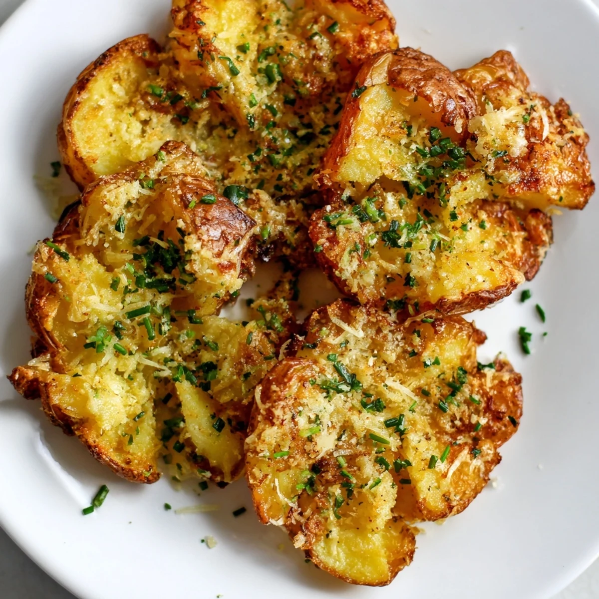 Golden-brown Parmesan smashed potatoes, crispy edges, and savory herbs, a delicious side.