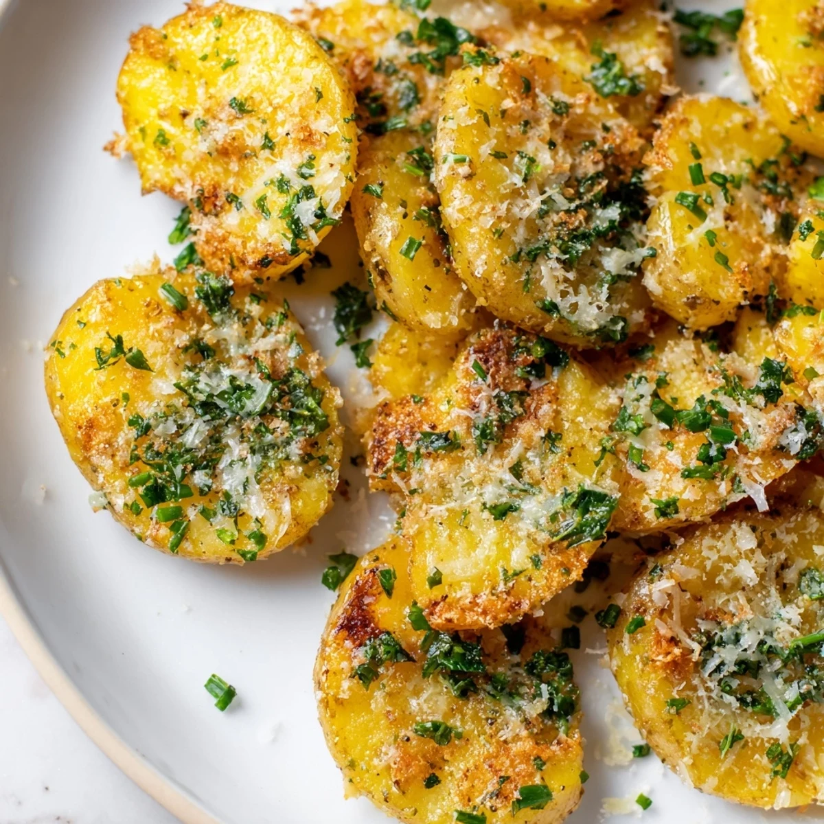 Garlicky Parmesan smashed potatoes, perfectly smashed, seasoned, ready for a comforting bite.