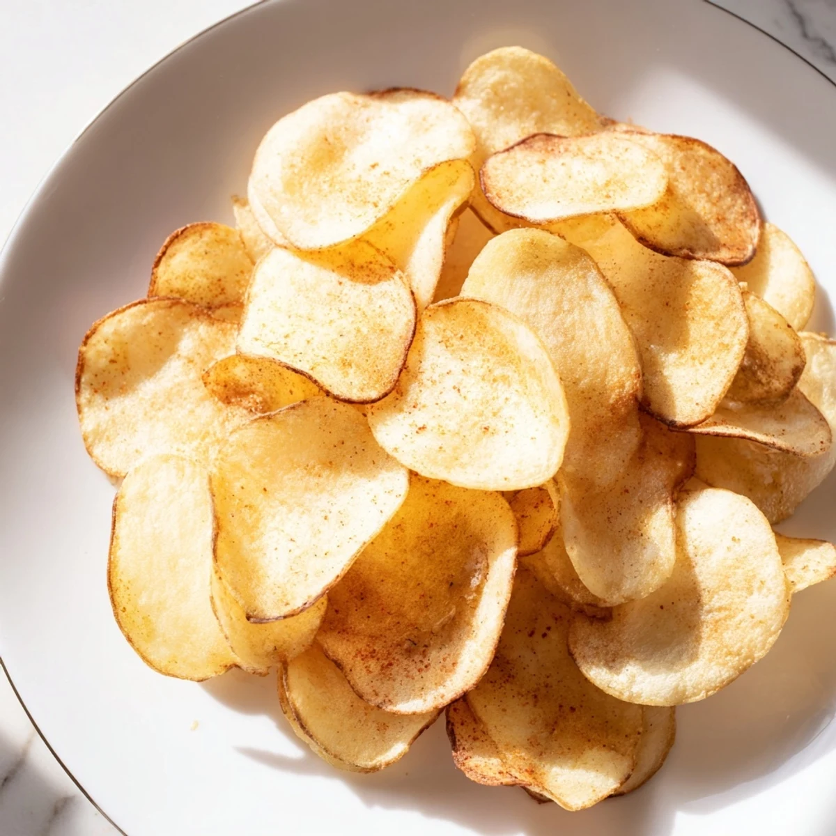 Golden, crispy homemade air-fryer potato chips, a perfectly seasoned, satisfying snack for everyone.