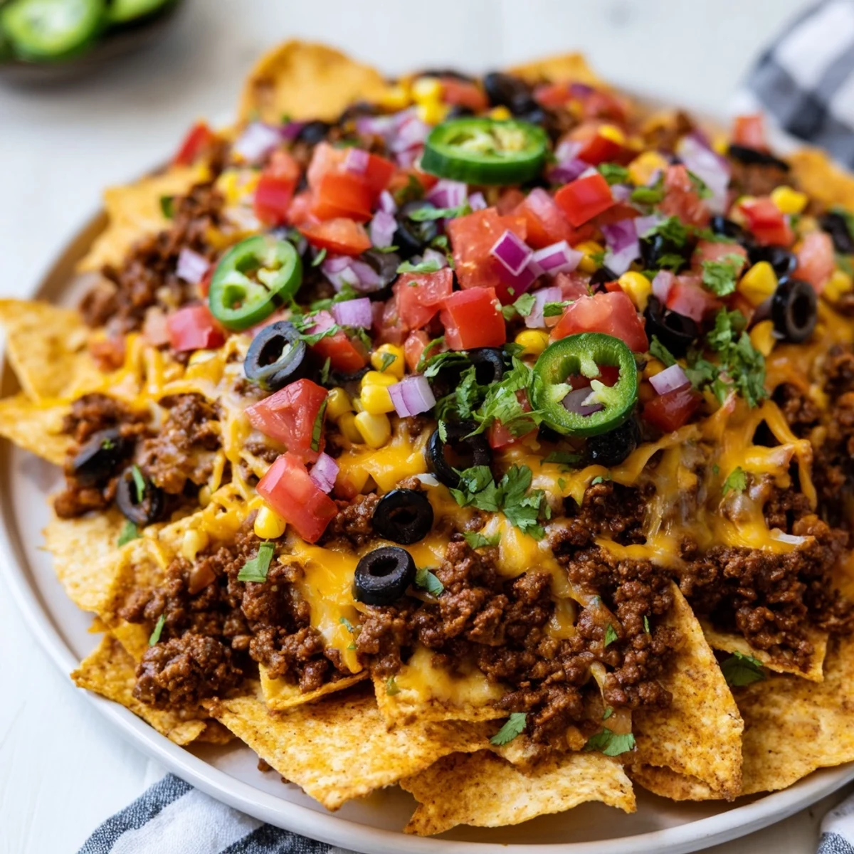 Golden, cheesy Easy Sheet-Pan Nachos loaded up with a flavorful beef mixture ready to enjoy.