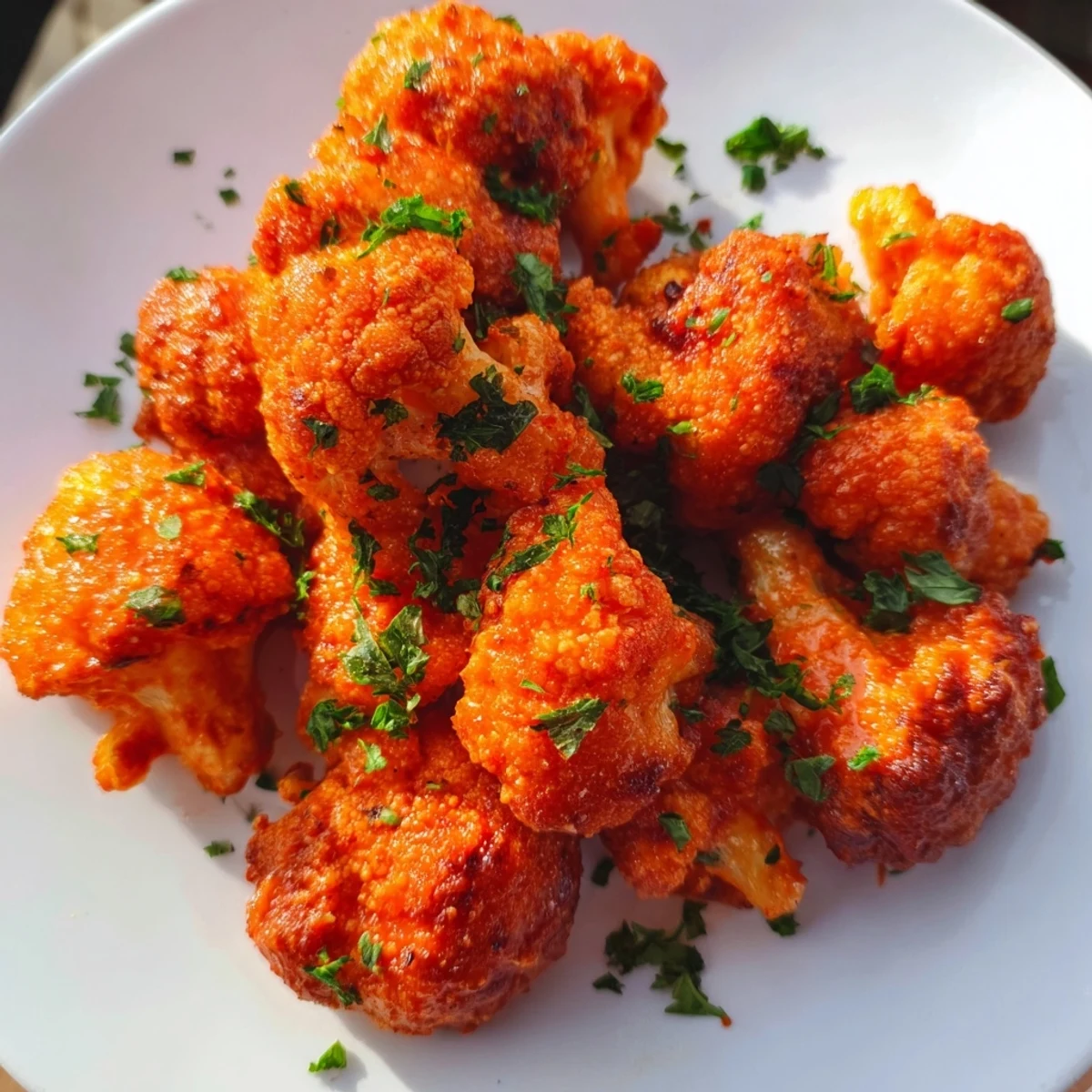 Sizzling Sriracha-Buffalo Cauliflower Bites are crispy, golden-brown, and generously coated in spicy sauce.