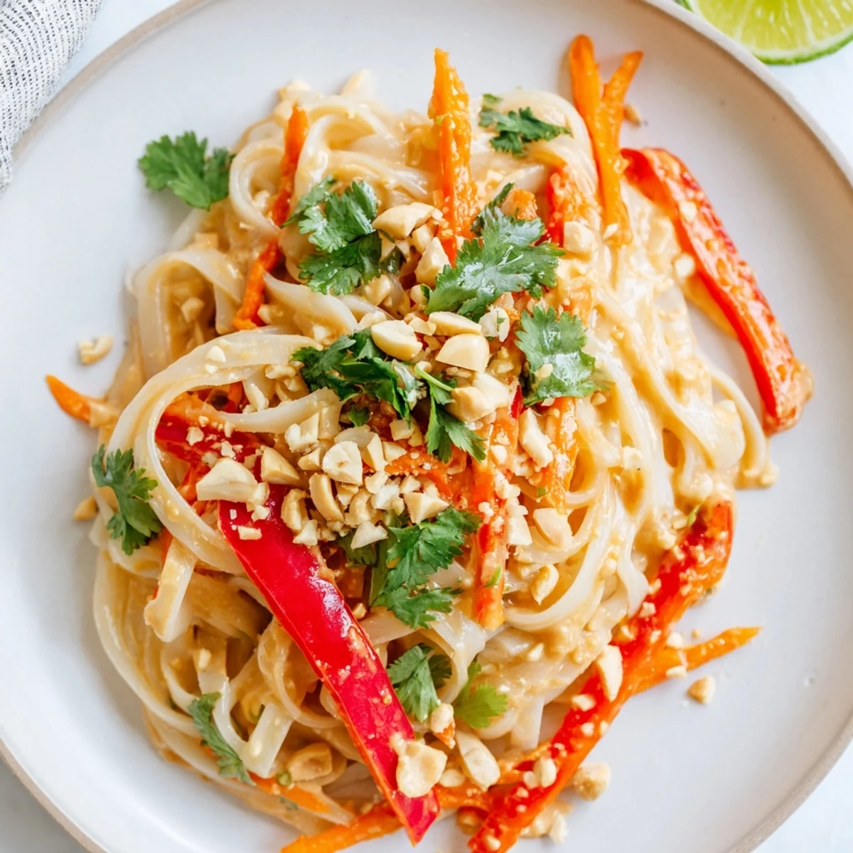 Vibrant photo: Delicious spicy peanut noodles topped with scallions, peanuts, and cilantro for a beautiful presentation.