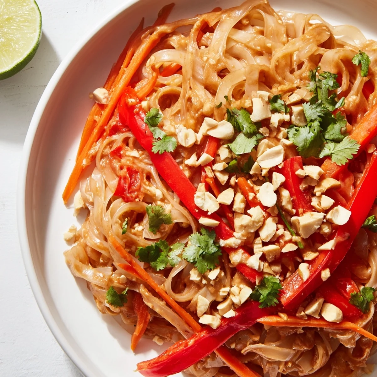 Steaming bowl of spicy peanut noodles, a comforting vegetarian meal with fresh vegetables.