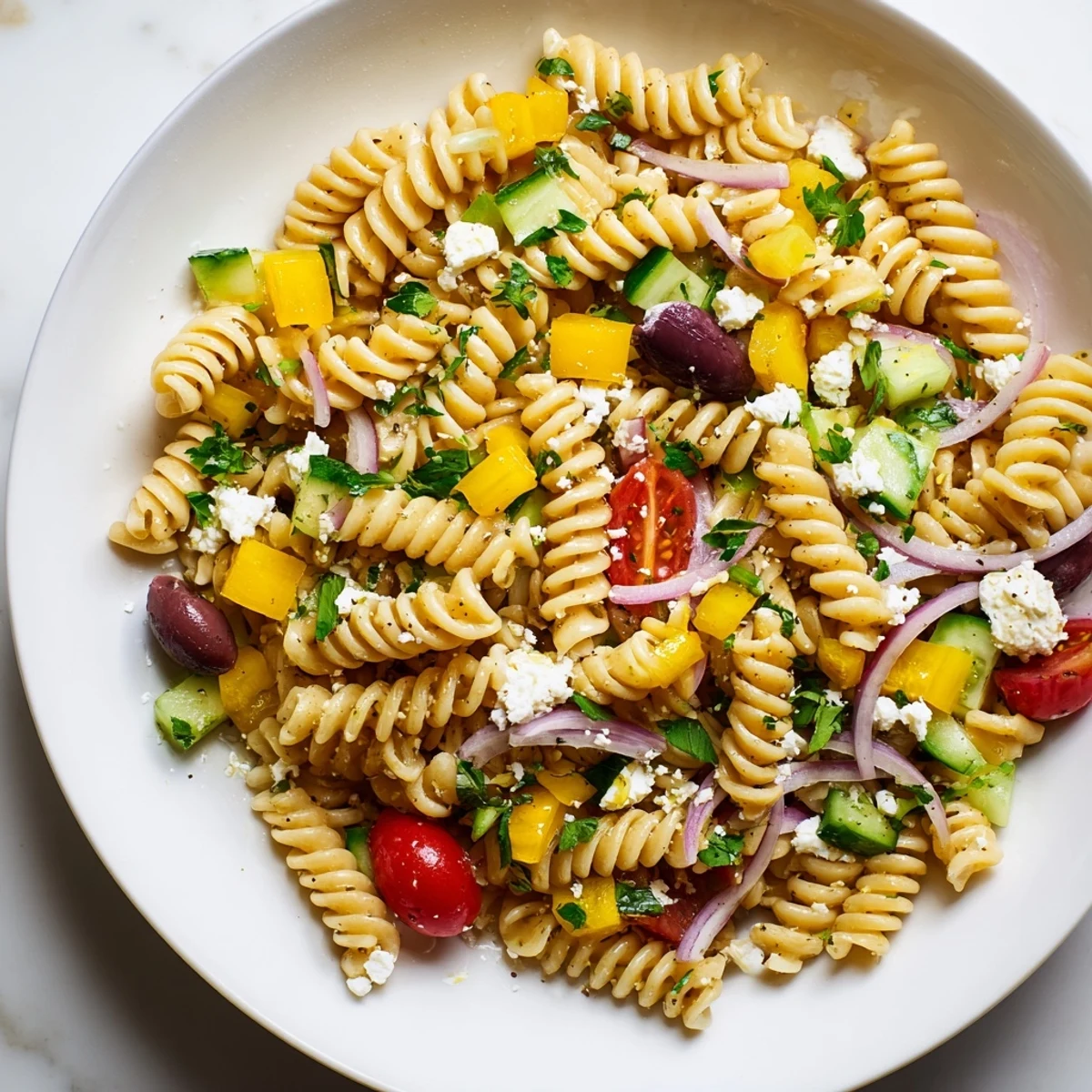 Vibrant Lemon Pasta Salad, featuring penne, fresh veggies, and a bright lemon vinaigrette, ready to be enjoyed.