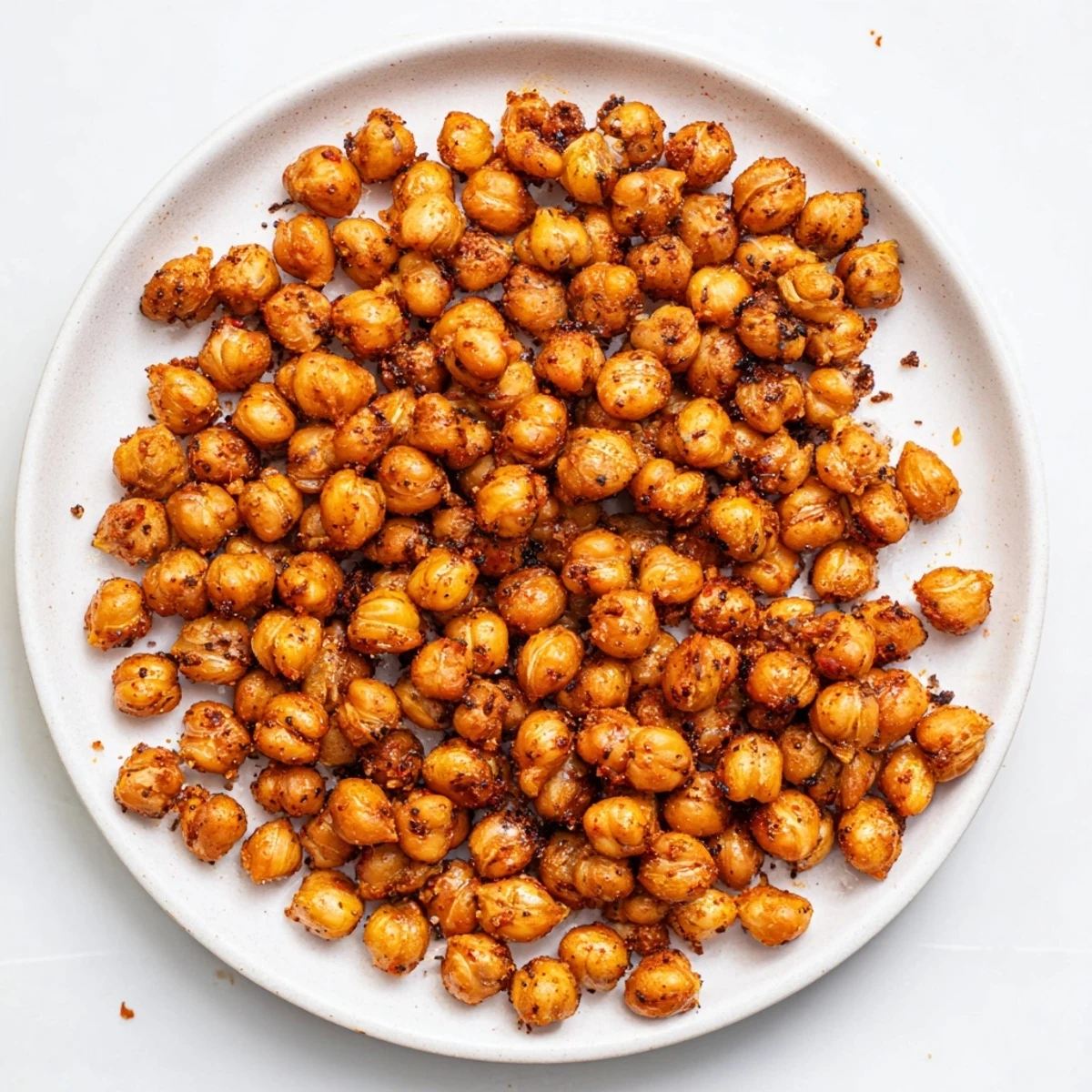 Savory, crunchy crispy chickpea snack, with a dusting of paprika, perfect for a vegan appetizer.