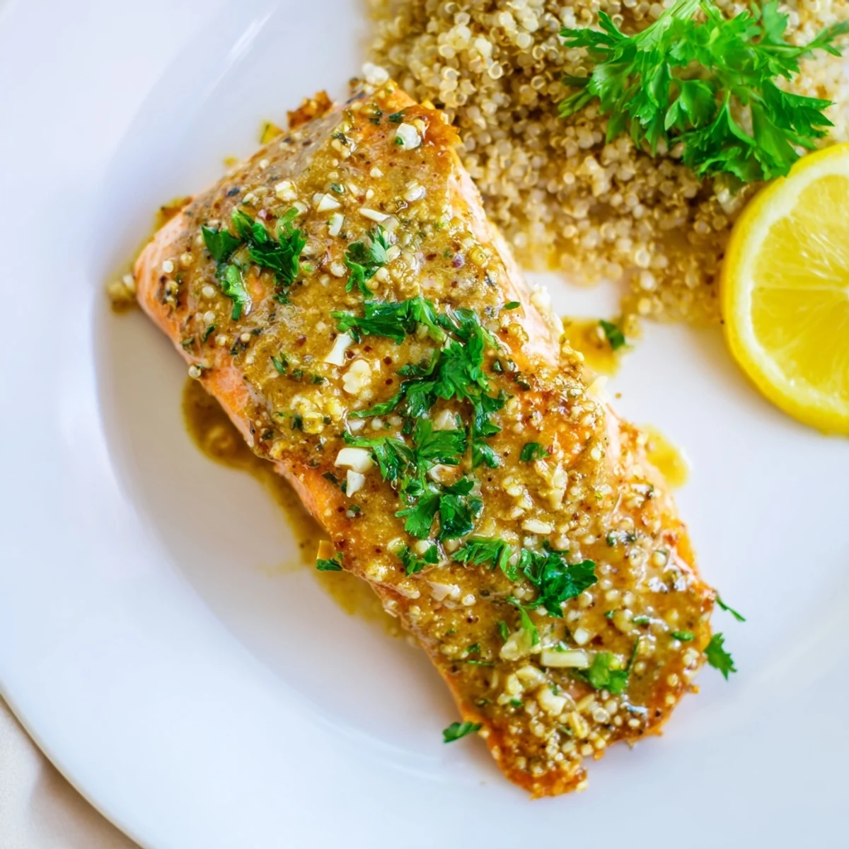 Golden-glazed honey mustard salmon, baked to flaky perfection, promising a sweet and savory meal.