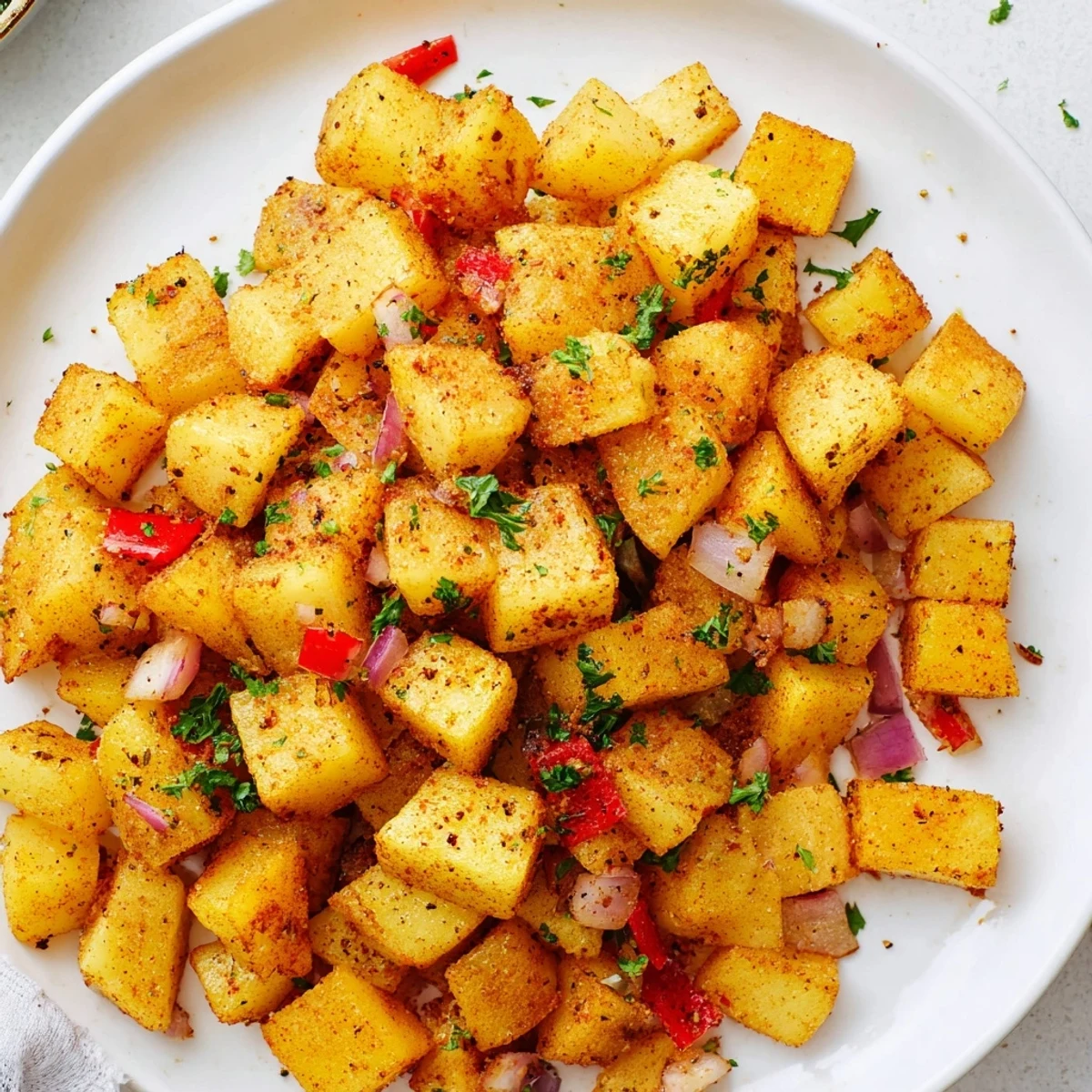 Golden air fryer breakfast potatoes, crispy and flavorful alongside a classic diner-style breakfast plate.
