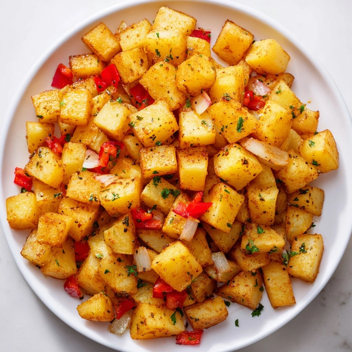 Diner-style air fryer breakfast potatoes, featuring a satisfying crunch and tender interior alongside vibrant peppers.