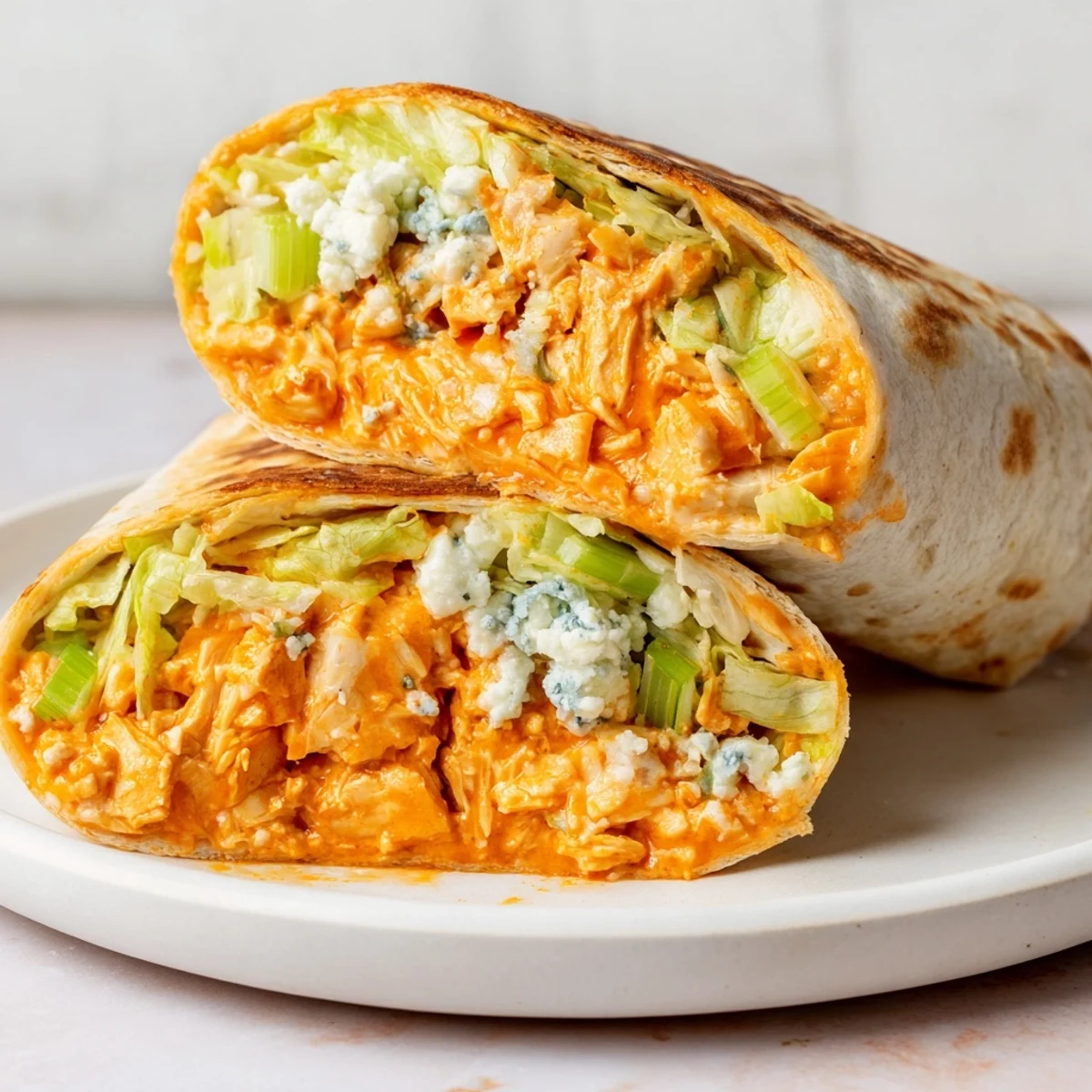 A close-up of a delicious Buffalo Chicken Dip Wrap, cut and ready to enjoy with a creamy filling.