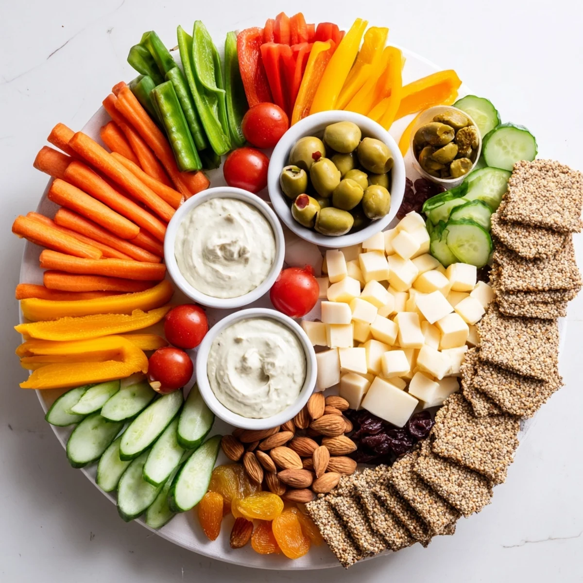 A beautiful Veggie Snack Board – Adult Lunchable, featuring a vibrant array of crunchy veggies, cheeses, and dips.