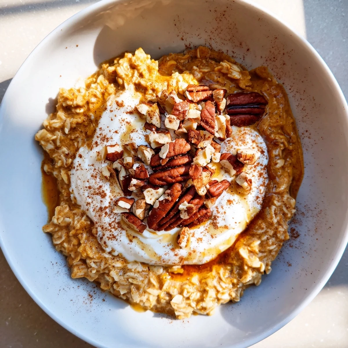 Steaming bowl of Pumpkin Spice Latte Oats, topped with whipped cream and chopped pecans.