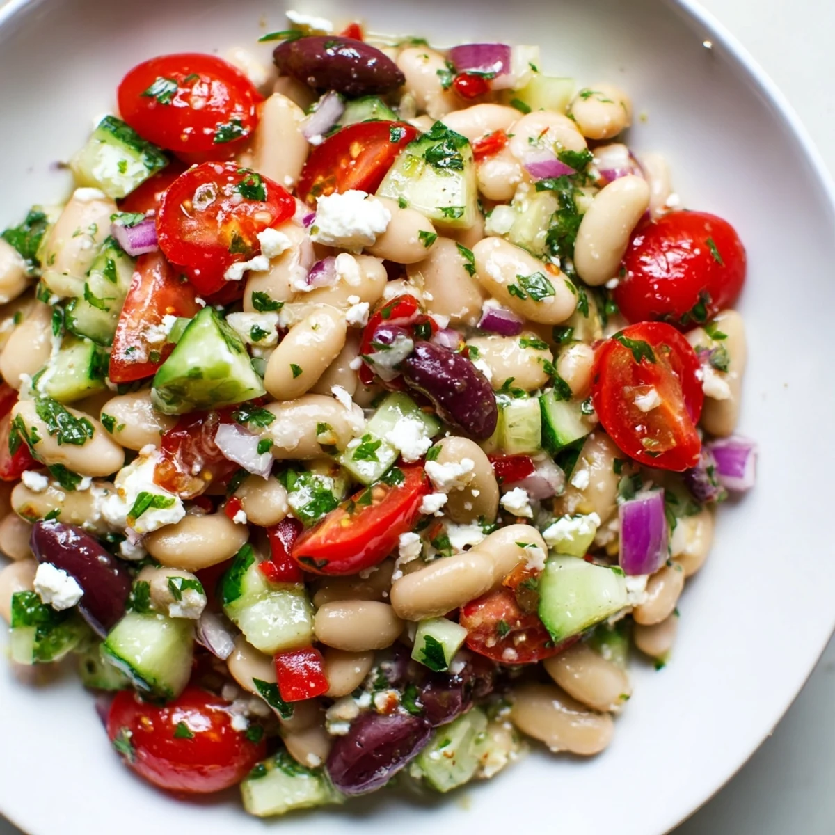 Fresh, colorful white bean salad: a creamy mix of beans, tomatoes, and herbs, perfect for lunch.