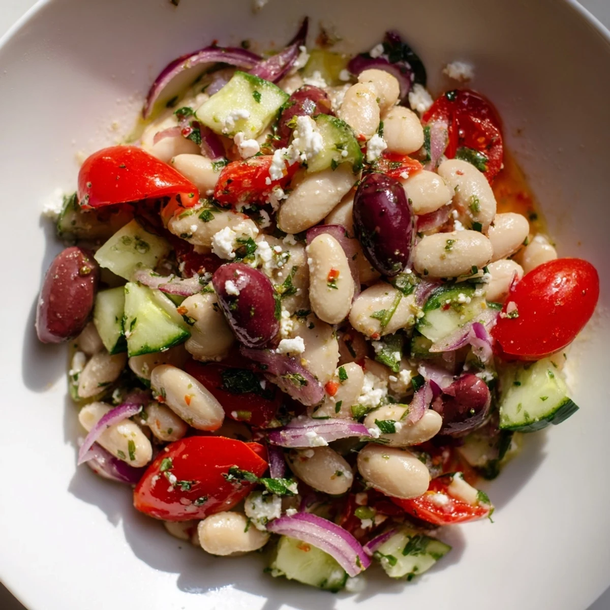 Mediterranean white bean salad, drizzled with olive oil, showcasing vibrant colors and fresh ingredients.