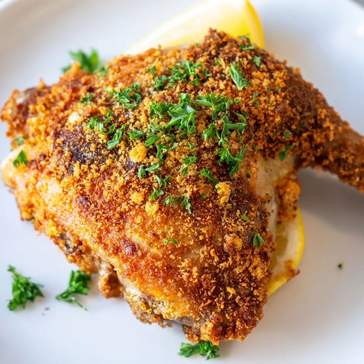 Golden-brown Crispy Garlic Chicken Thighs, perfectly roasted and ready to serve with lemon wedges.