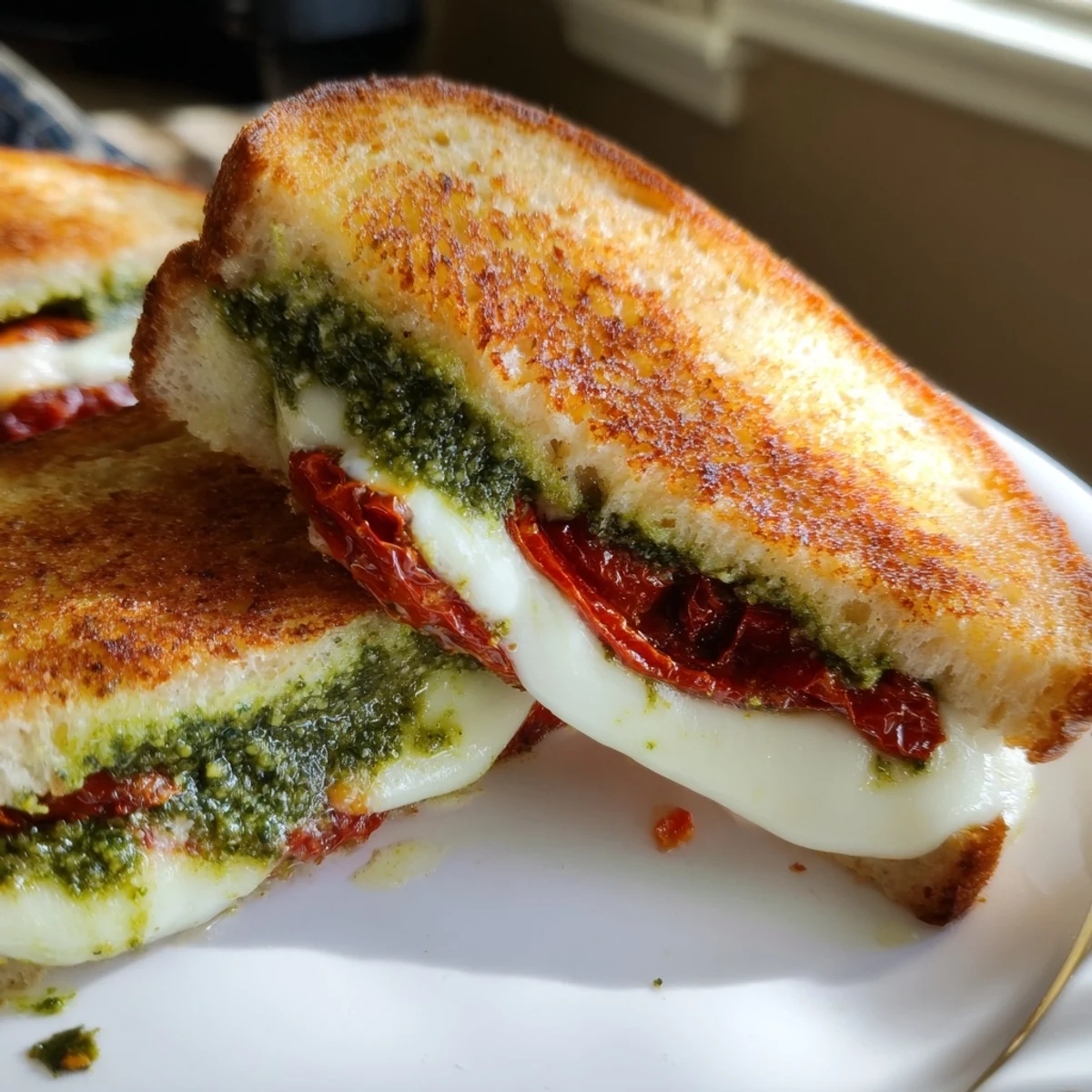 Golden, crispy Pesto Grilled Cheese sandwich, oozing melted mozzarella and vibrant pesto flavors.