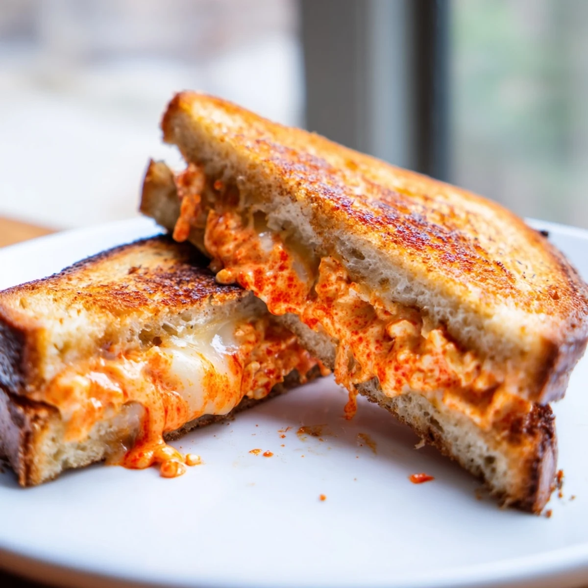 Savory spiked grilled cheese, served warm and ready to eat, with a kick of sriracha in every bite.