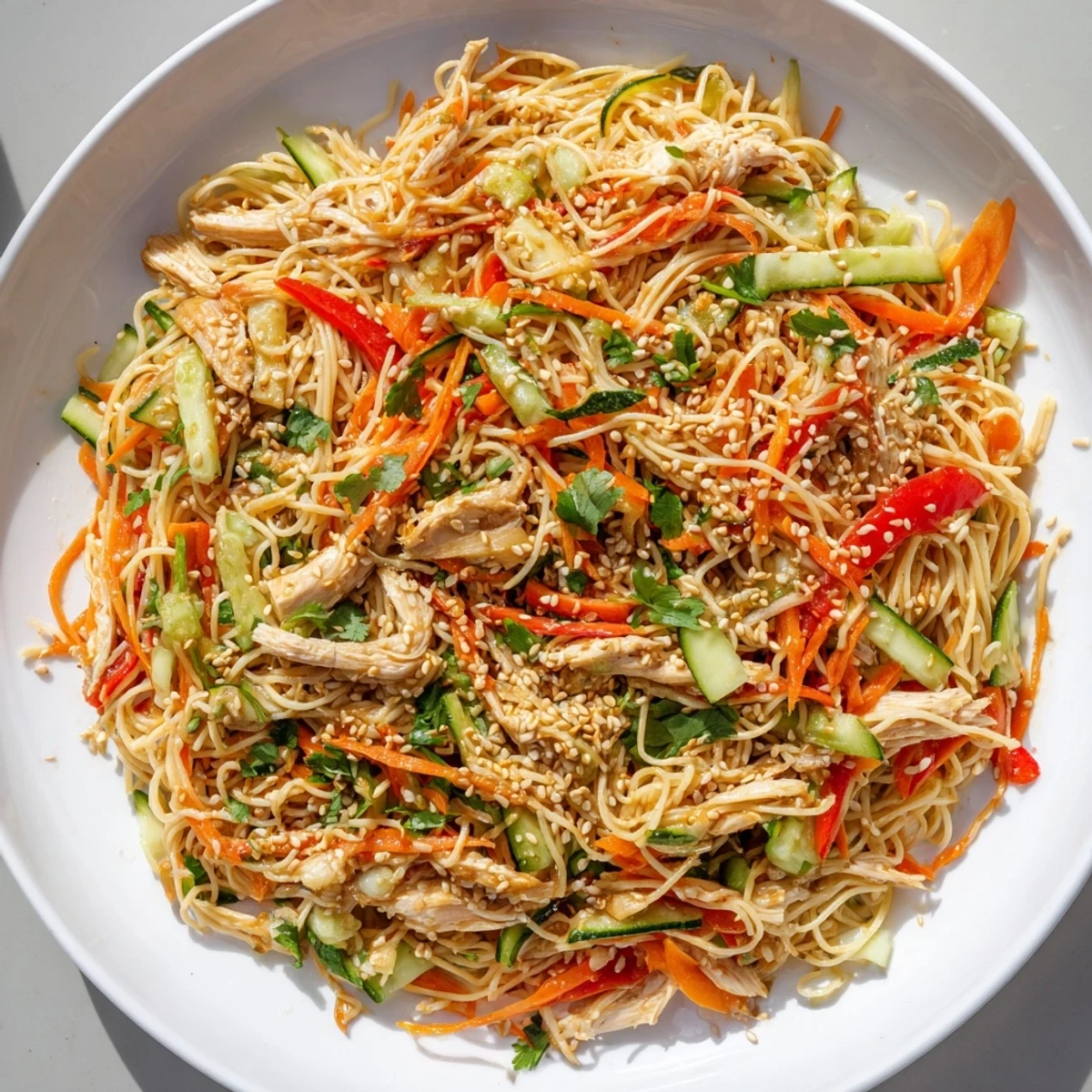 Chilled Chicken Noodle Salad ready to eat, showing colorful veggies and tender chicken in sesame dressing.