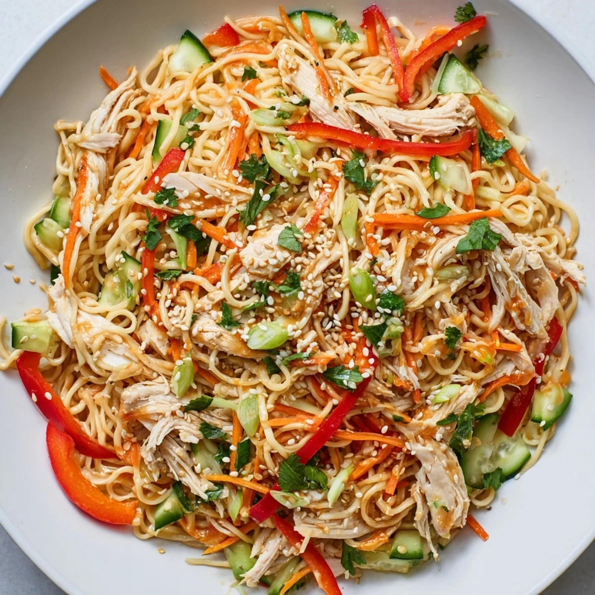 A bowl overflowing with this Chilled Chicken Noodle Salad, featuring vibrant toppings and toasted sesame seeds.