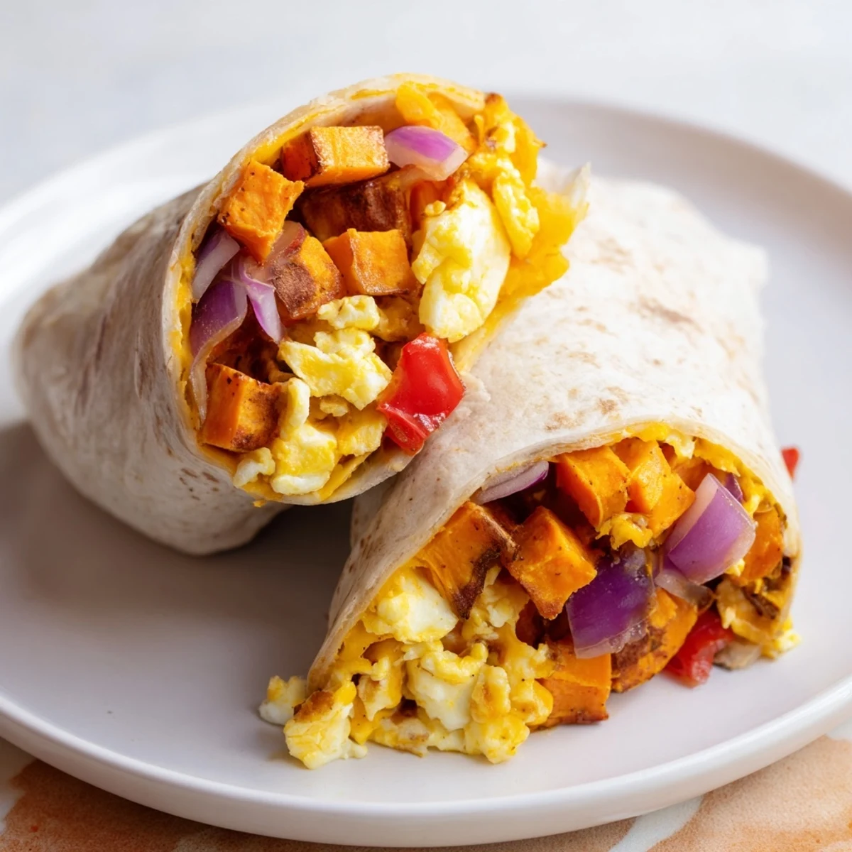 A close-up of a sweet potato breakfast burrito sliced to show colorful roasted vegetables and creamy scrambled eggs.