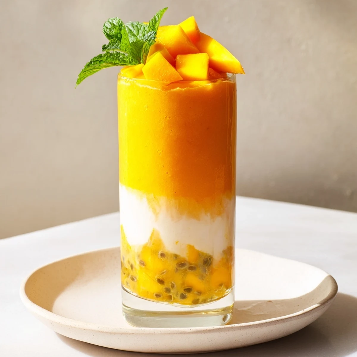 Vibrant, layered Tropical Sunset Smoothie, creamy and refreshing with mango, passion fruit, and orange.